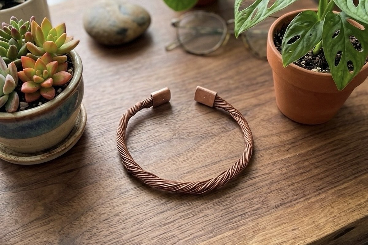 Copperflow copper bracelet on a warm wooden surface with plants